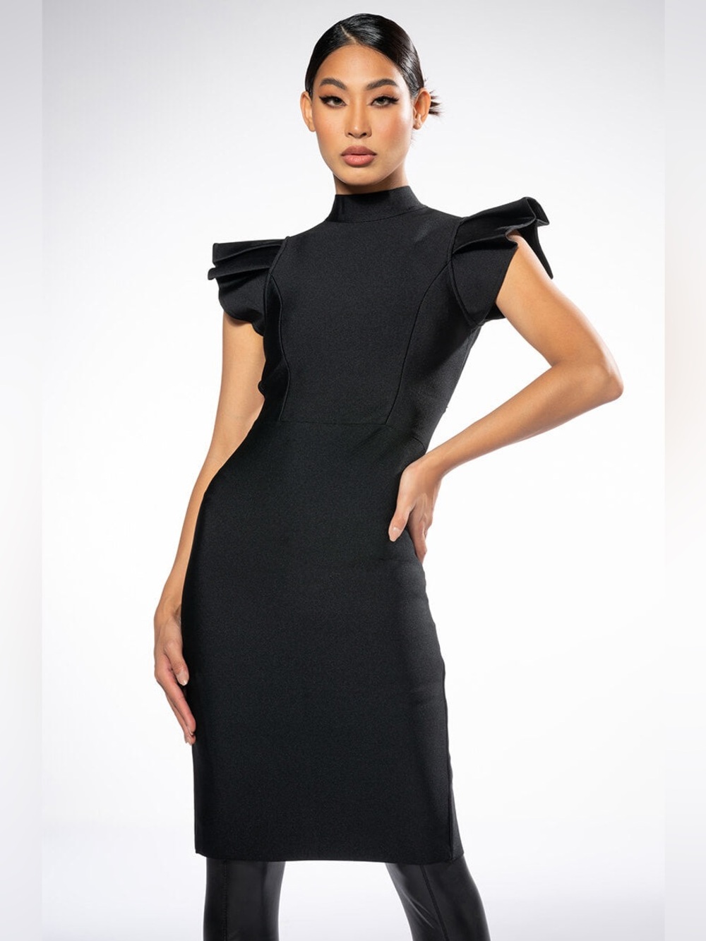 NWT the AKIRA Wintour Mock Neck Ruffle Sleeve Bodycon Open Back Black Midi Dress